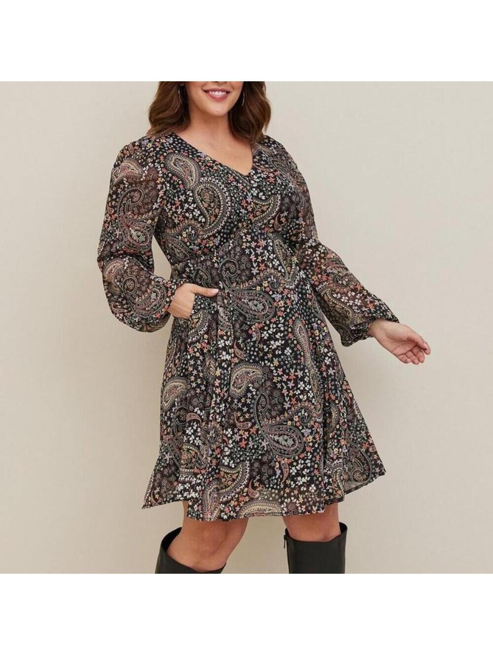 Torrid Midi Chiffon Babydoll Dress 0 Large 12 NWT Black Paisley Pockets V-Neck